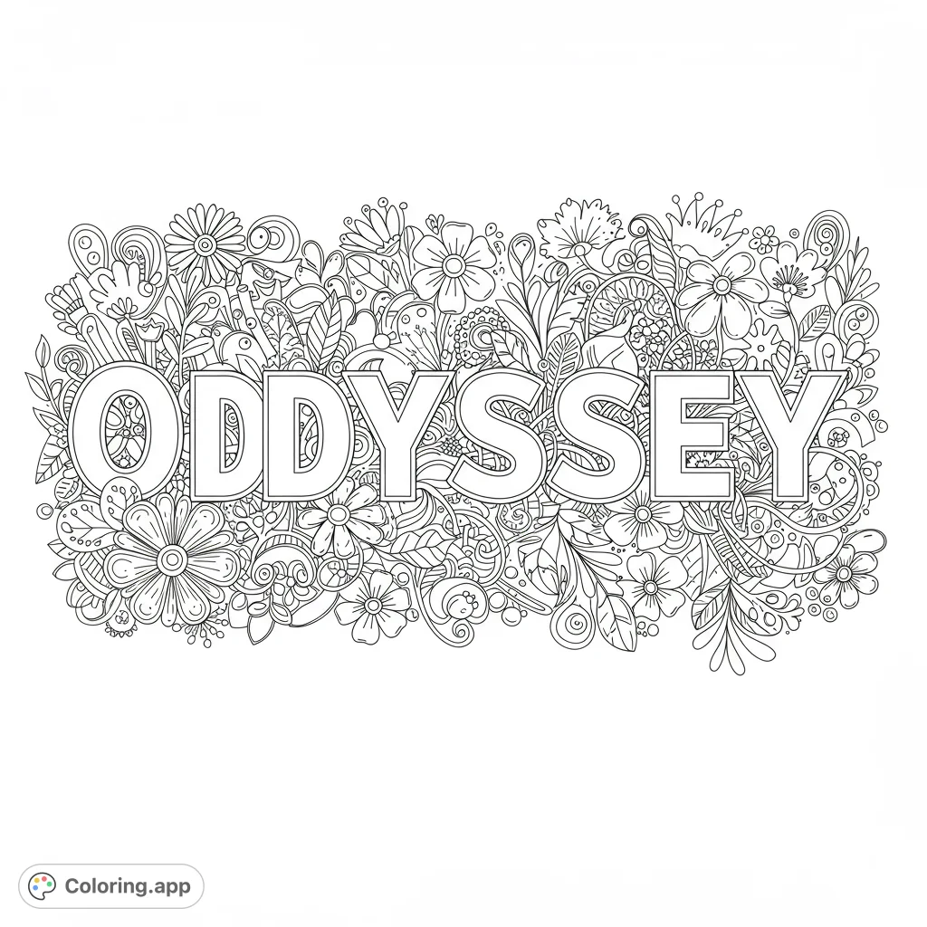 Intricate floral patterns surround the bold word 'ODYSSEY', offering a detailed and meditative free printable coloring page experience for adults and teens.