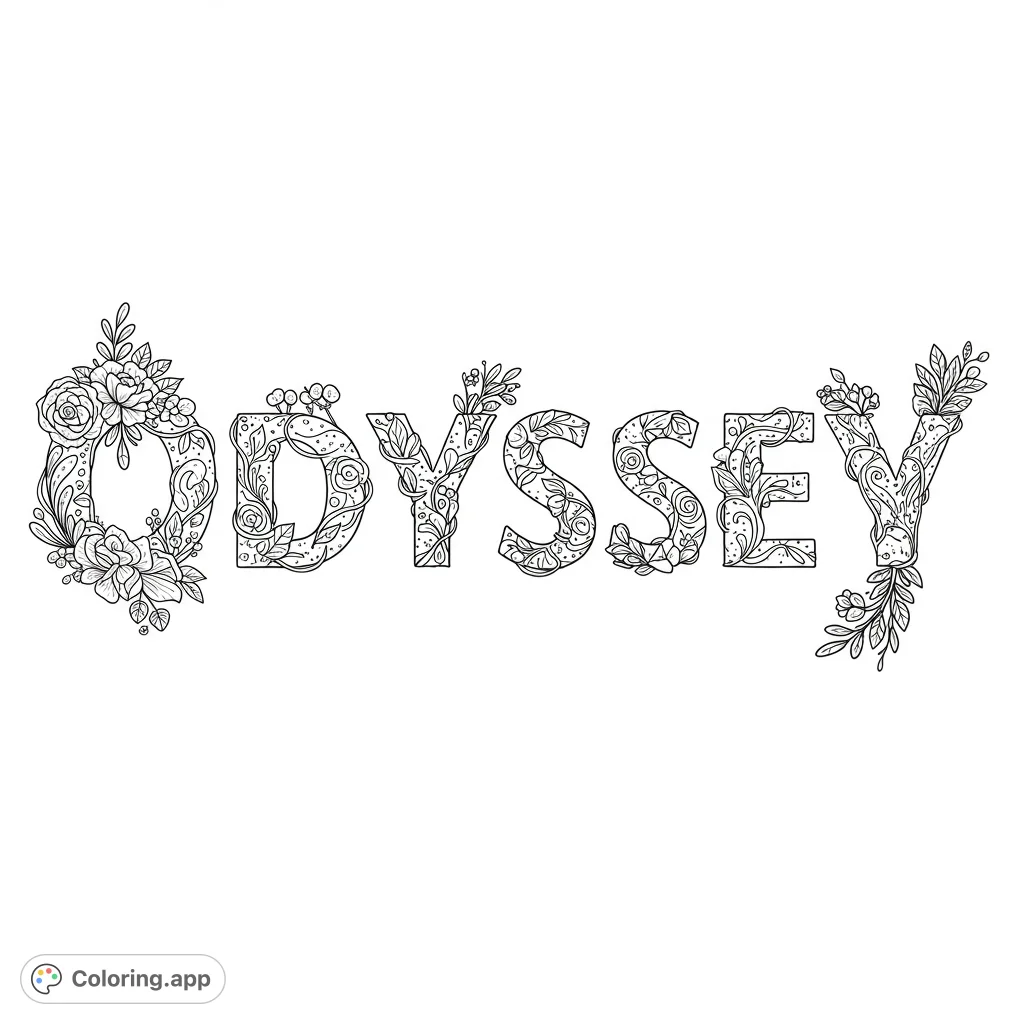 An intricate floral lettering odyssey coloring page, featuring the word 'ODYSSEY' adorned with detailed botanical patterns. Perfect for mindful coloring.