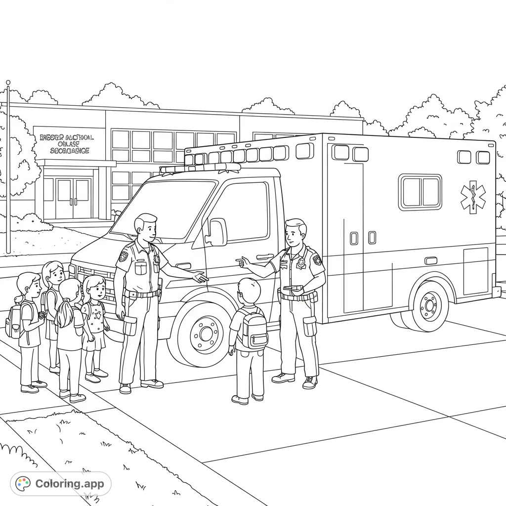 Explore a vibrant career day scene featuring an ambulance and paramedics teaching children at an elementary school. Perfect for young learners!