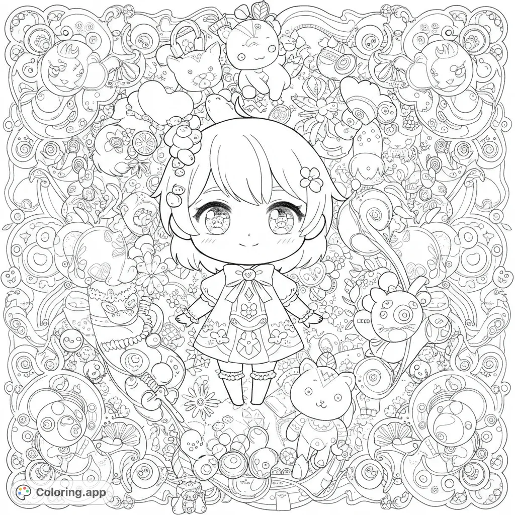 An adorable chibi character surrounded by a highly detailed, whimsical world of patterns, cute creatures, and intricate designs. Perfect for detailed coloring.