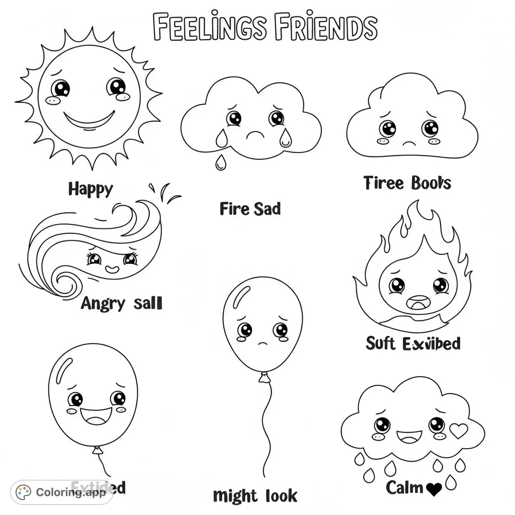 Explore emotions with nine adorable cartoon characters: a happy sun, sad clouds, an angry swirl, excited fire, and cheerful/sad balloons. Perfect for learning feelings!