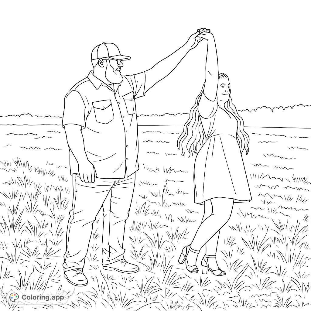 A romantic couple dances joyfully in a sun-drenched field, perfect for a love-themed coloring page. Capture their happiness with vibrant colors!