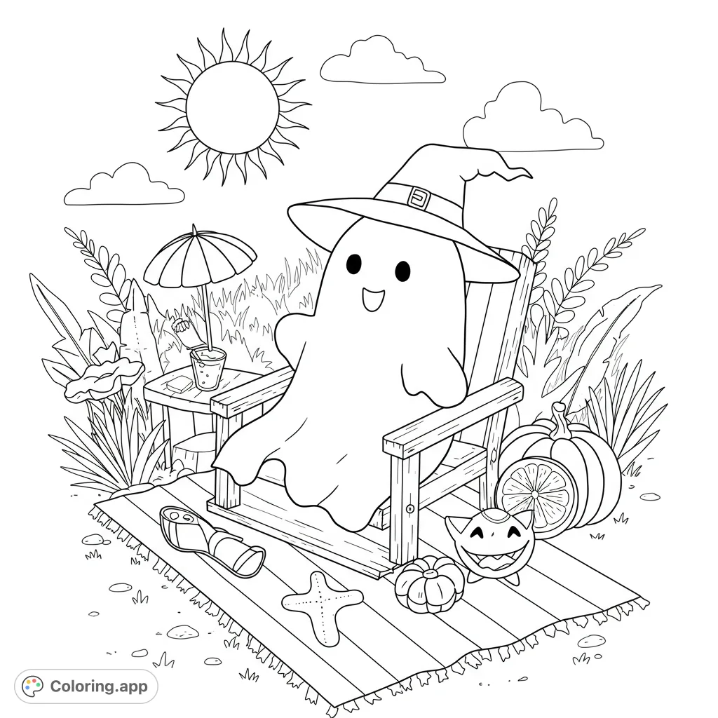 A charming ghost in a witch hat enjoys a sunny day on a picnic blanket with pumpkins and a friendly monster. A fun, free printable Halloween coloring page!