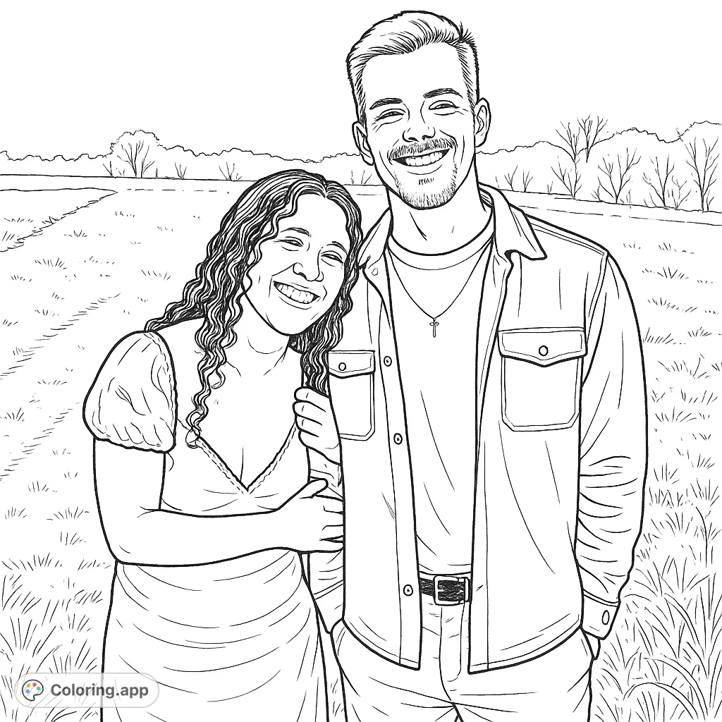 A heartwarming couple coloring page featuring a smiling man and woman in a serene outdoor field, perfect for free printable coloring page fun.