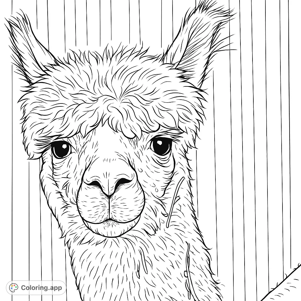 A charming alpaca coloring page featuring a fluffy, friendly alpaca portrait. Perfect for animal lovers and a free printable coloring page.