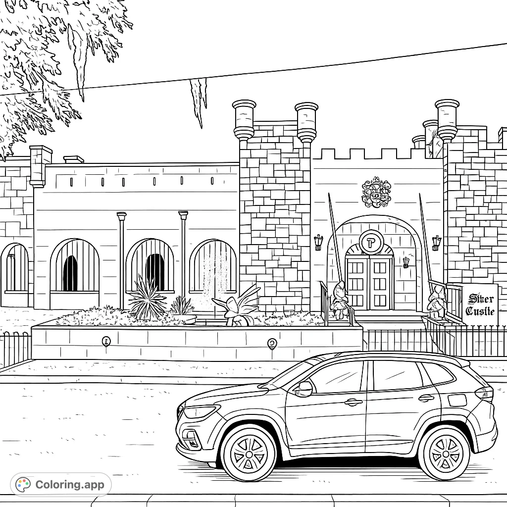 A detailed line drawing of a modern SUV parked before a grand castle-like building, featuring intricate stone walls, arched windows, and a charming garden.