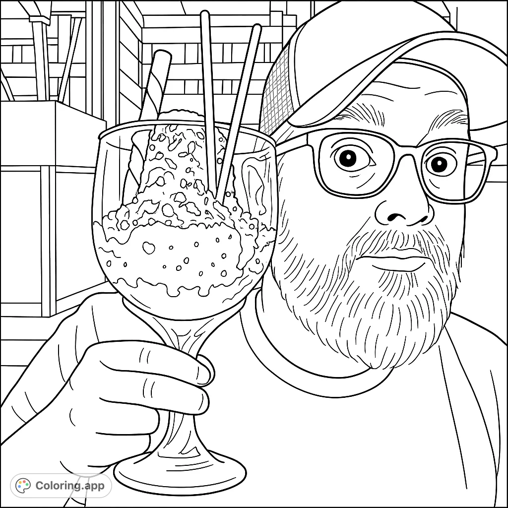 A man with a beard and glasses holds a towering, delicious dessert in a glass, topped with wafers and drizzles. A fun, sweet treat coloring page.