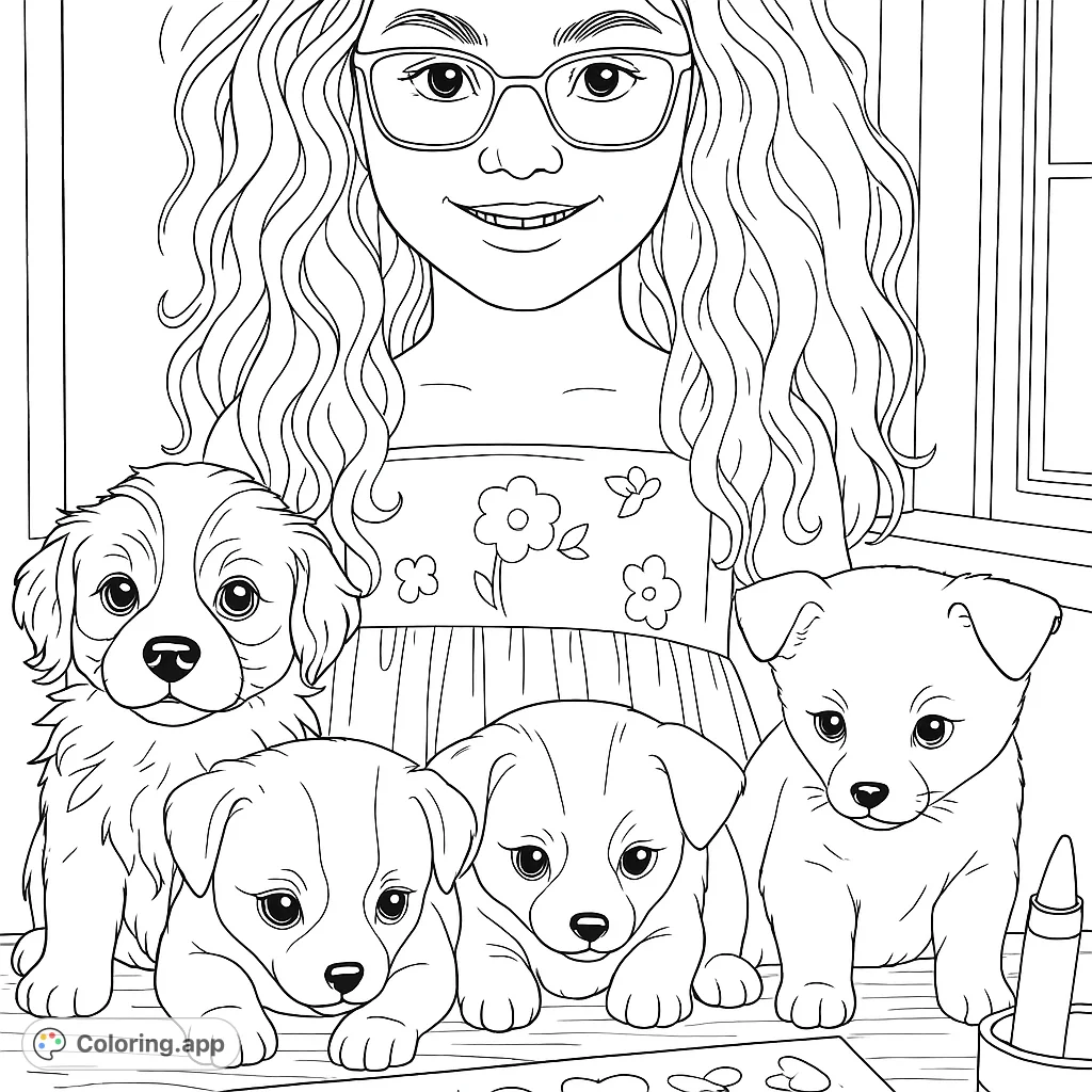 A heartwarming puppy coloring page featuring a smiling girl with glasses surrounded by four cute puppies, perfect for a free printable coloring page.