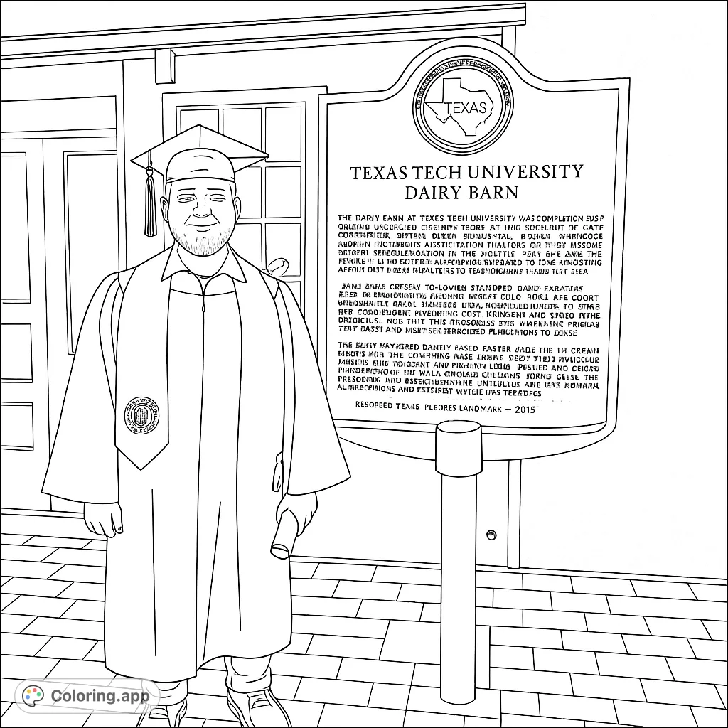 Celebrate achievement with this graduation coloring page featuring a proud graduate, diploma, and university landmark. Free printable for all ages!