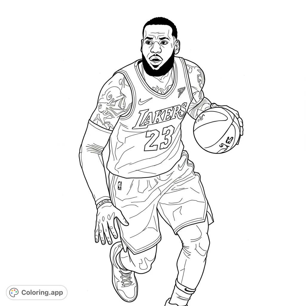 Dynamic basketball player coloring page, mid-dribble in a detailed jersey. Perfect for sports fans and aspiring athletes.