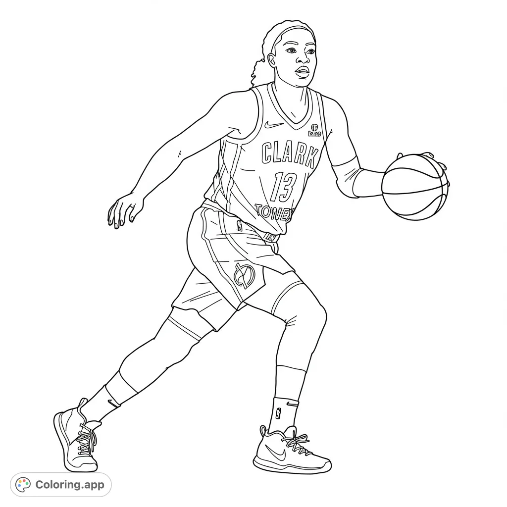 Dynamic basketball player in action, dribbling the ball. A free printable sports coloring page for kids and adults, perfect for fans of the game.