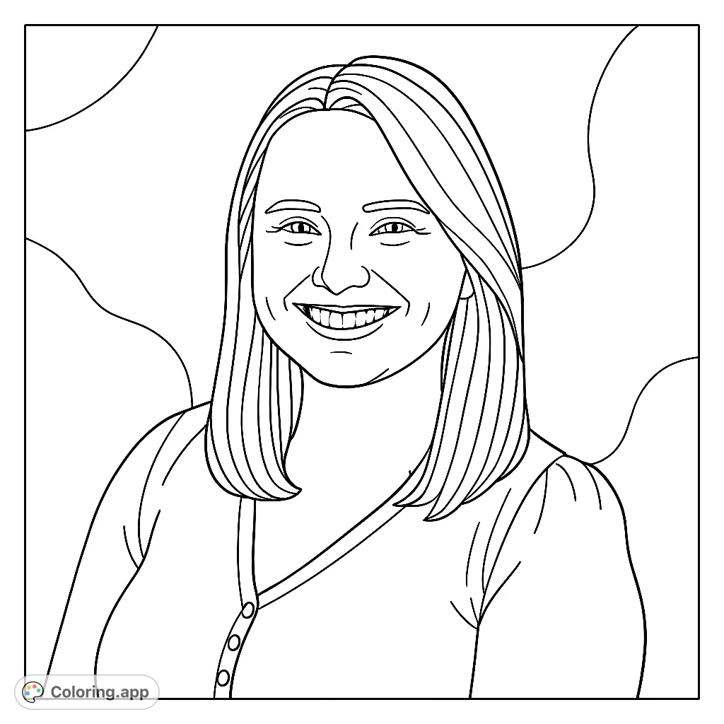 A delightful portrait coloring page featuring a smiling woman with shoulder-length hair and a V-neck top, set against an abstract background. Free printable.