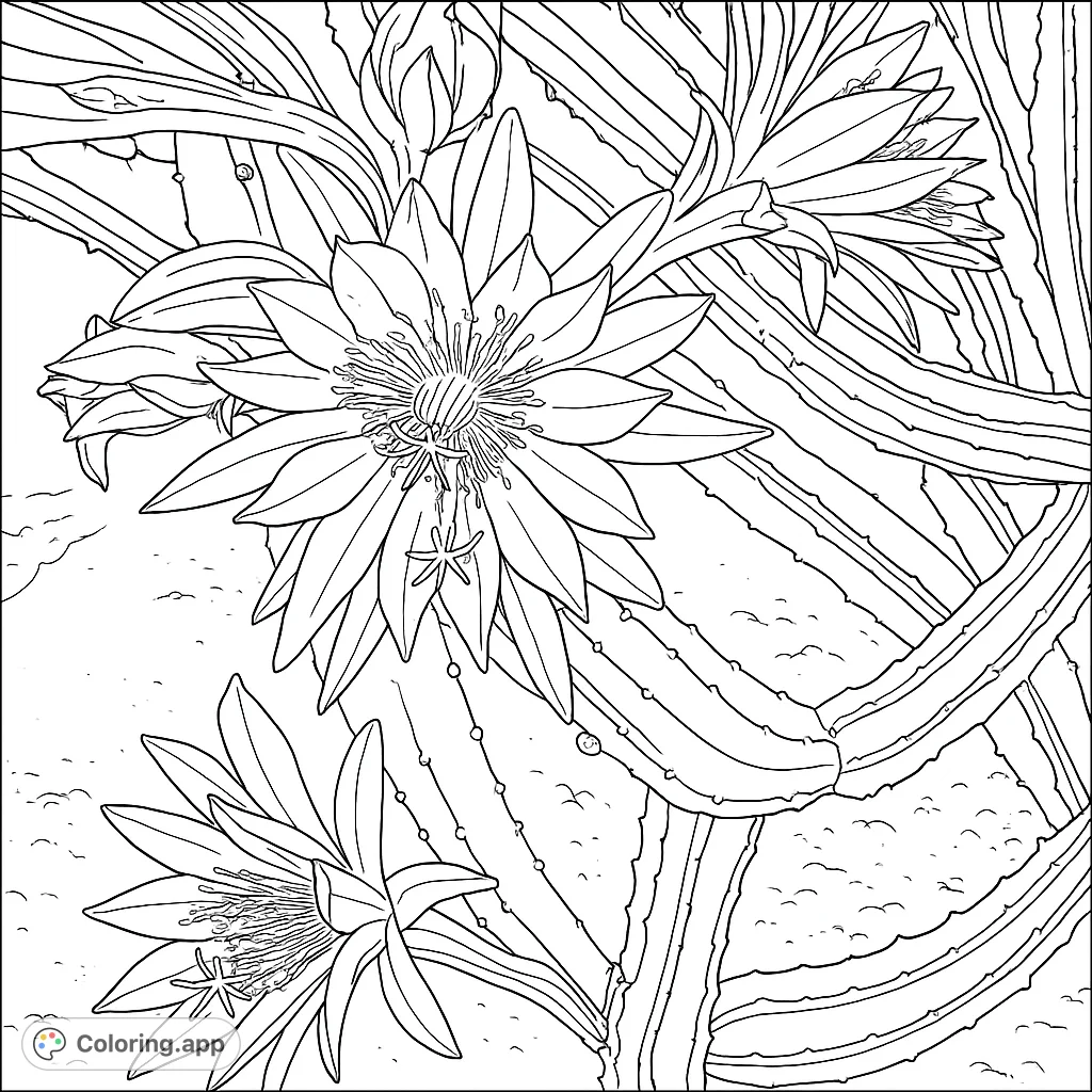 Detailed cactus flowers in full bloom, with intricate petals and stamens, set against textured cactus stems. A beautiful desert floral scene.