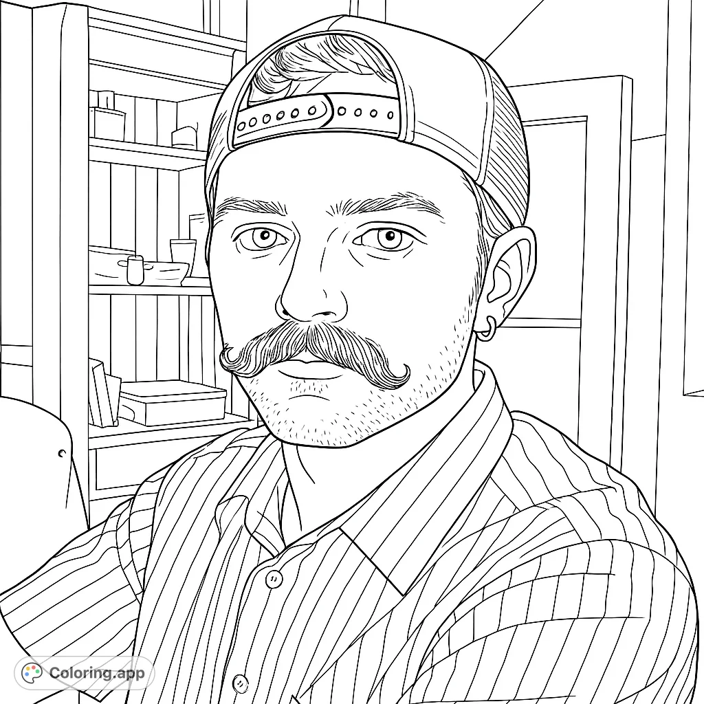 A detailed portrait of a man with a stylish handlebar mustache and backward cap, set against a bookshelf, perfect for creative coloring.