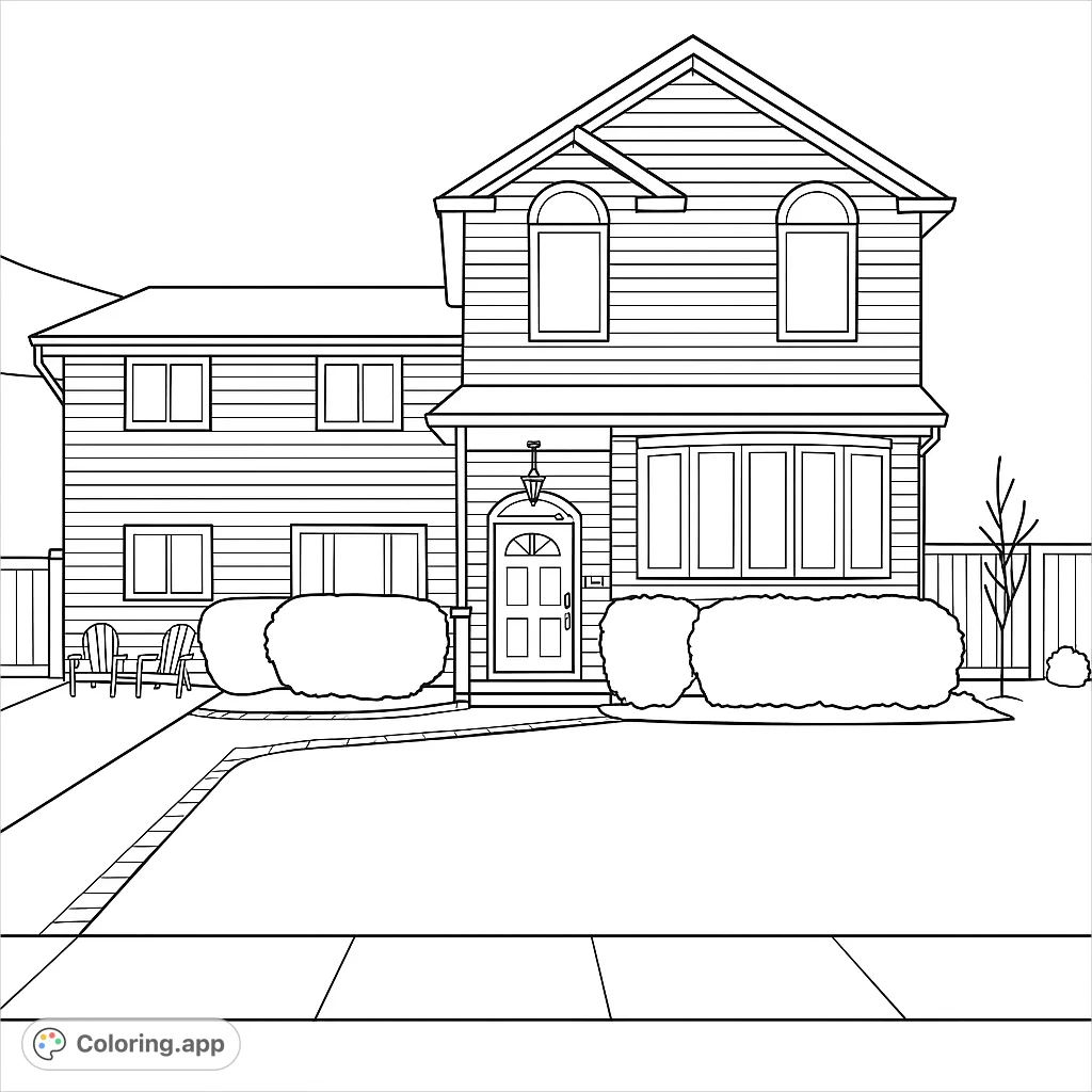 A classic suburban home coloring page featuring a two-story house with detailed siding, a welcoming porch, and a lush front garden. Free printable coloring page for all ages.