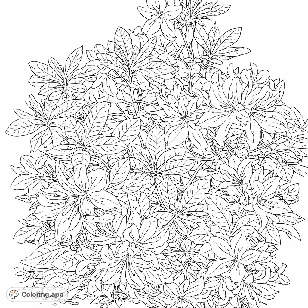 Discover a vibrant azalea bush filled with exquisite blooms and lush foliage, ready for your creative touch. Perfect for nature lovers and detailed coloring.