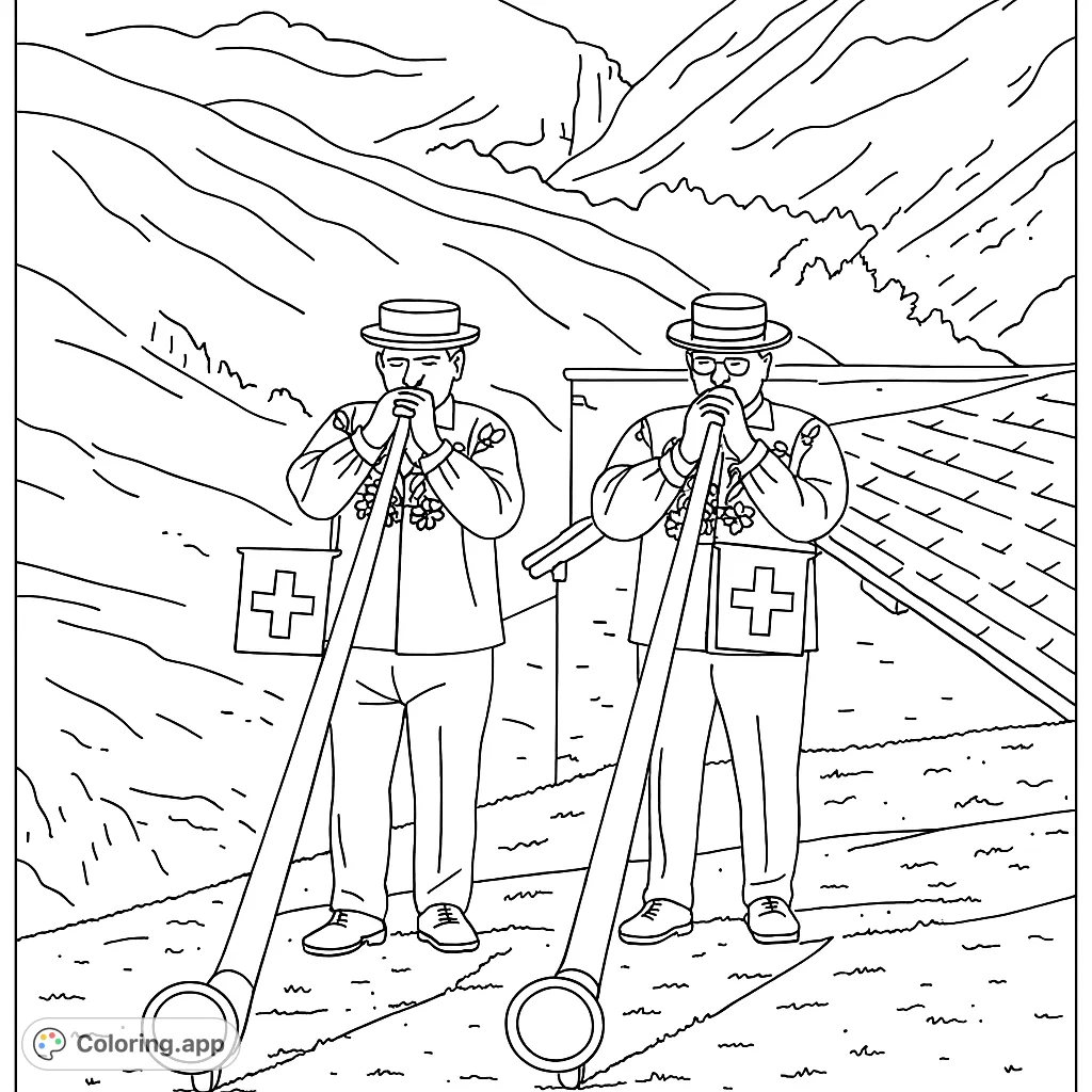 Immerse yourself in Swiss culture with this detailed alphorn players coloring page. Features traditional attire, instruments, and a stunning mountain landscape.