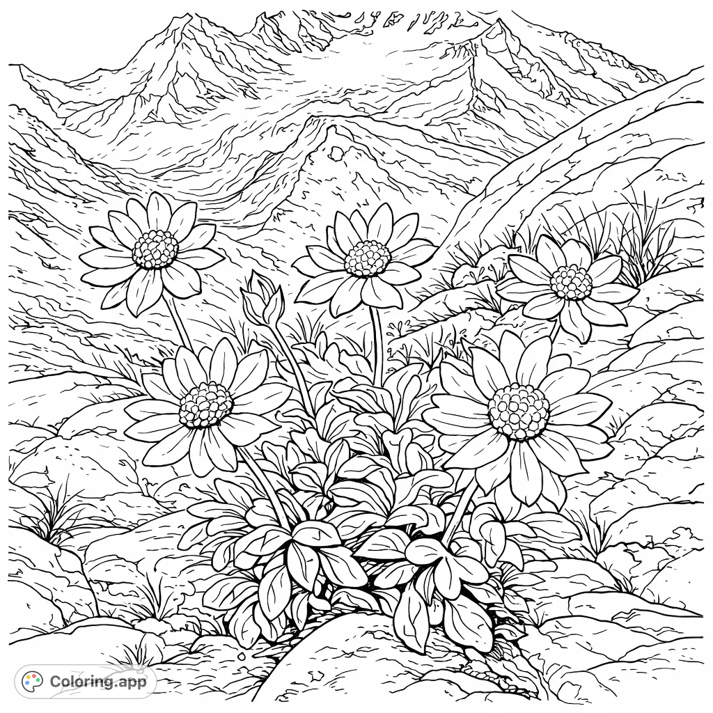 A beautiful alpine scene featuring delicate flowers nestled among rocks with majestic mountains in the background. Perfect for nature lovers.