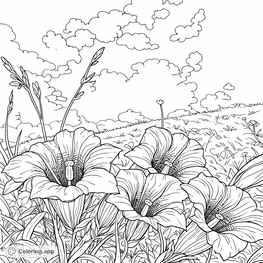 Discover delicate bell flowers blooming in a serene meadow under a cloud-dotted sky. This floral coloring page invites tranquility and creativity.