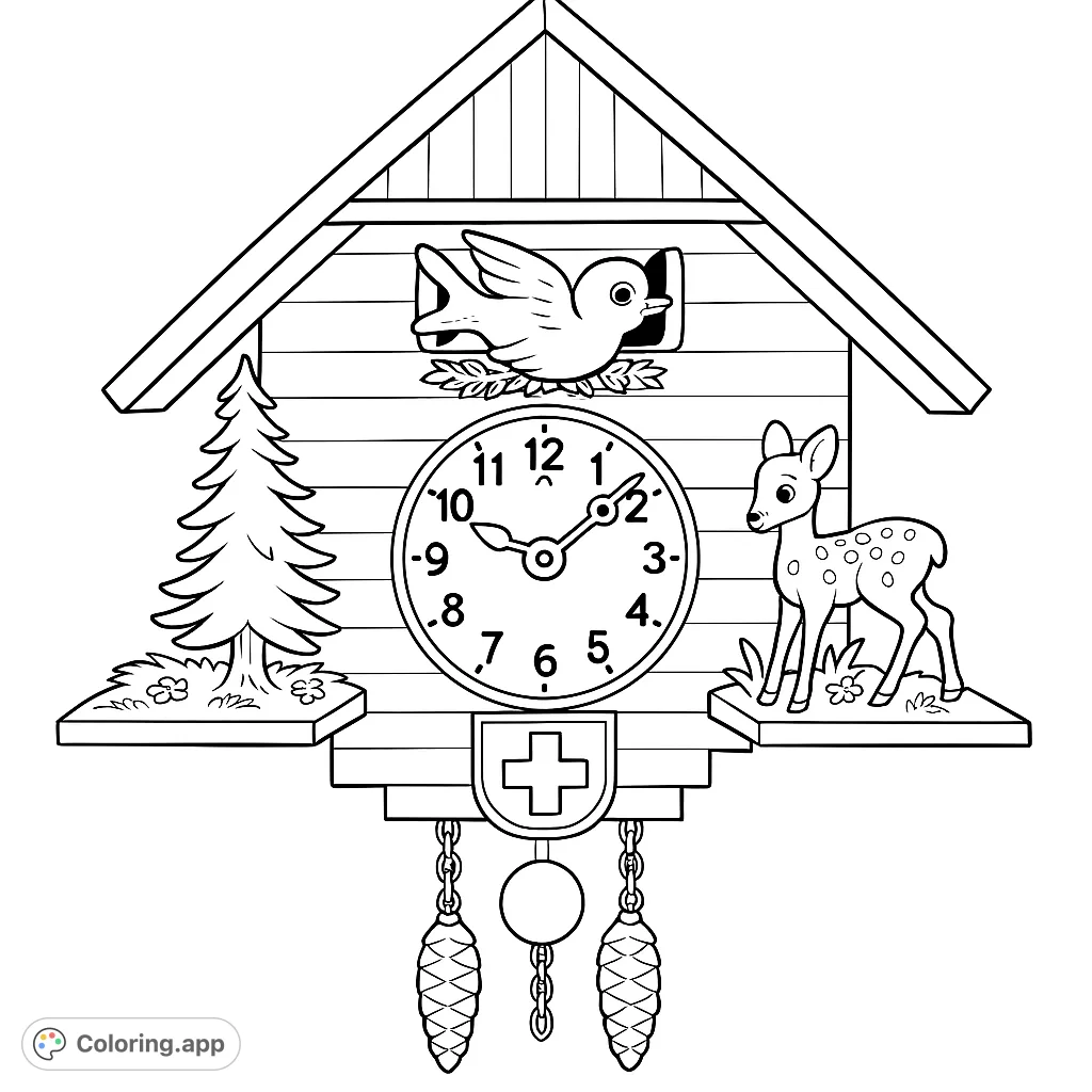 Color a charming cuckoo clock featuring a bird, deer, and a tree. Perfect for nature lovers and those who enjoy intricate details.
