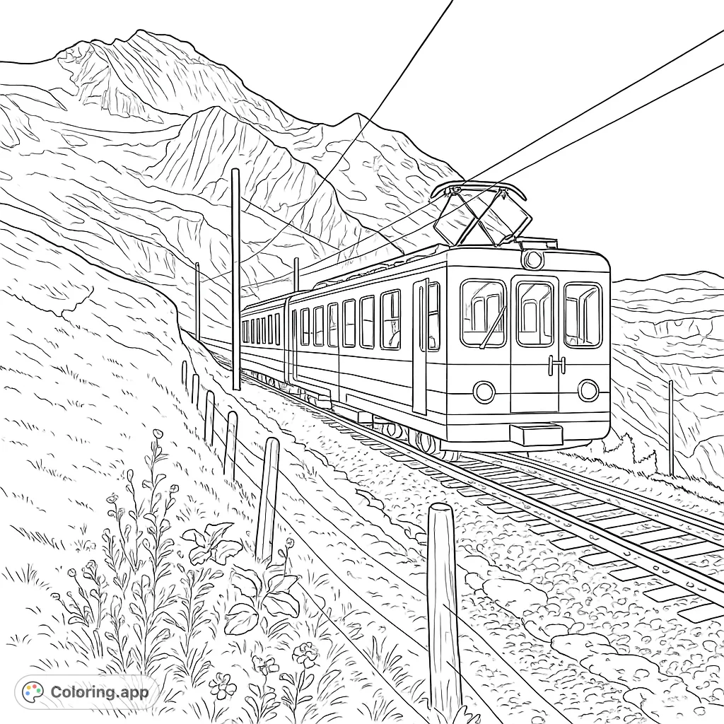 Detailed coloring page of a scenic mountain railway. A fun activity for train enthusiasts and travel lovers.
