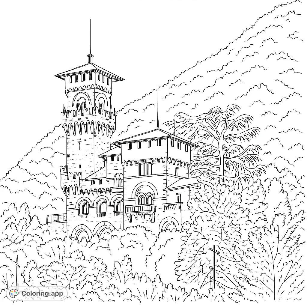 Explore a majestic castle nestled on a lush hillside. This intricate architectural coloring page features a grand tower, arched windows, and detailed foliage.