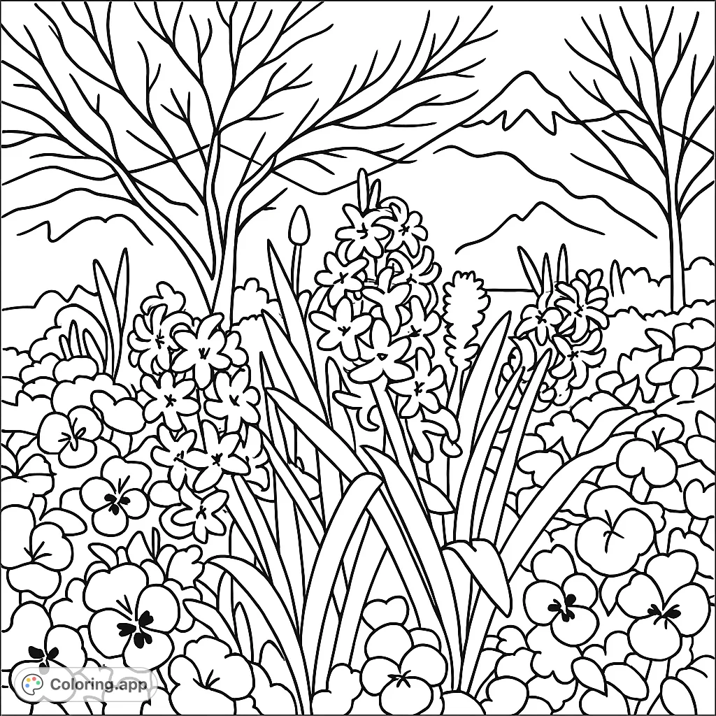 Immerse yourself in a beautiful spring mountain flower garden coloring page, featuring intricate hyacinths, pansies, and a scenic mountain backdrop.
