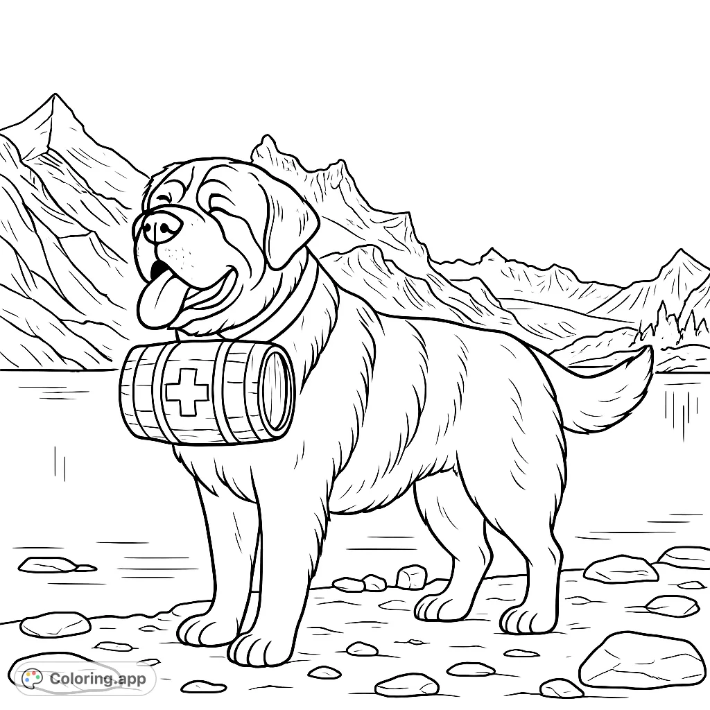 Color a noble St. Bernard dog with its rescue barrel, set against a stunning mountain lake backdrop.