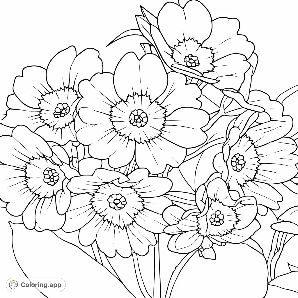 Discover this intricate floral cluster coloring page, featuring multiple blossoms with unique petal patterns and a soft natural background.