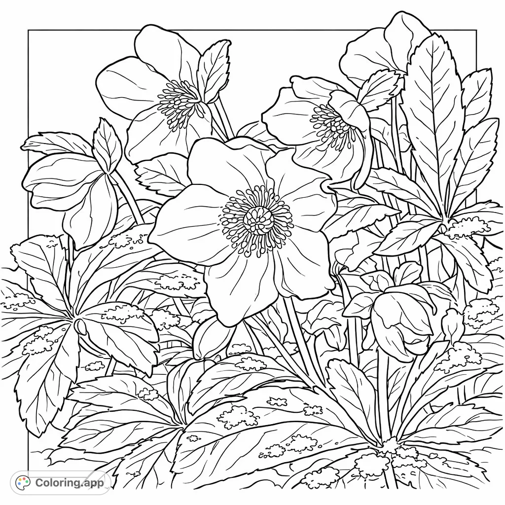 A serene winter scene featuring elegant Hellebore flowers and leaves dusted with frost. A beautiful botanical coloring page for nature lovers.