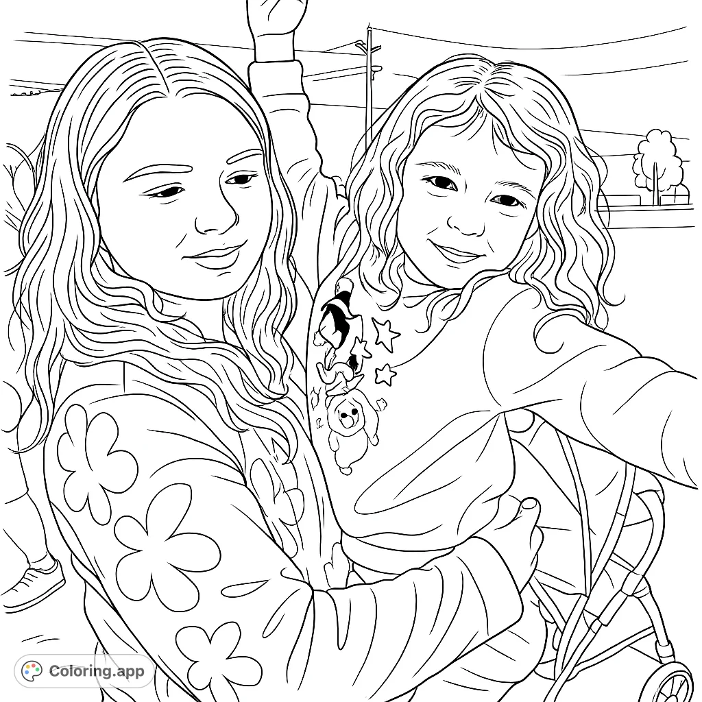 A heartwarming scene of two smiling girls, one older and one younger, embracing outdoors. Features detailed hair and charming clothing patterns.
