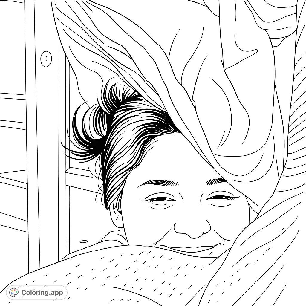 A joyful face peeks from under a cozy blanket, inviting playful coloring. Perfect for a relaxing, happy moment.