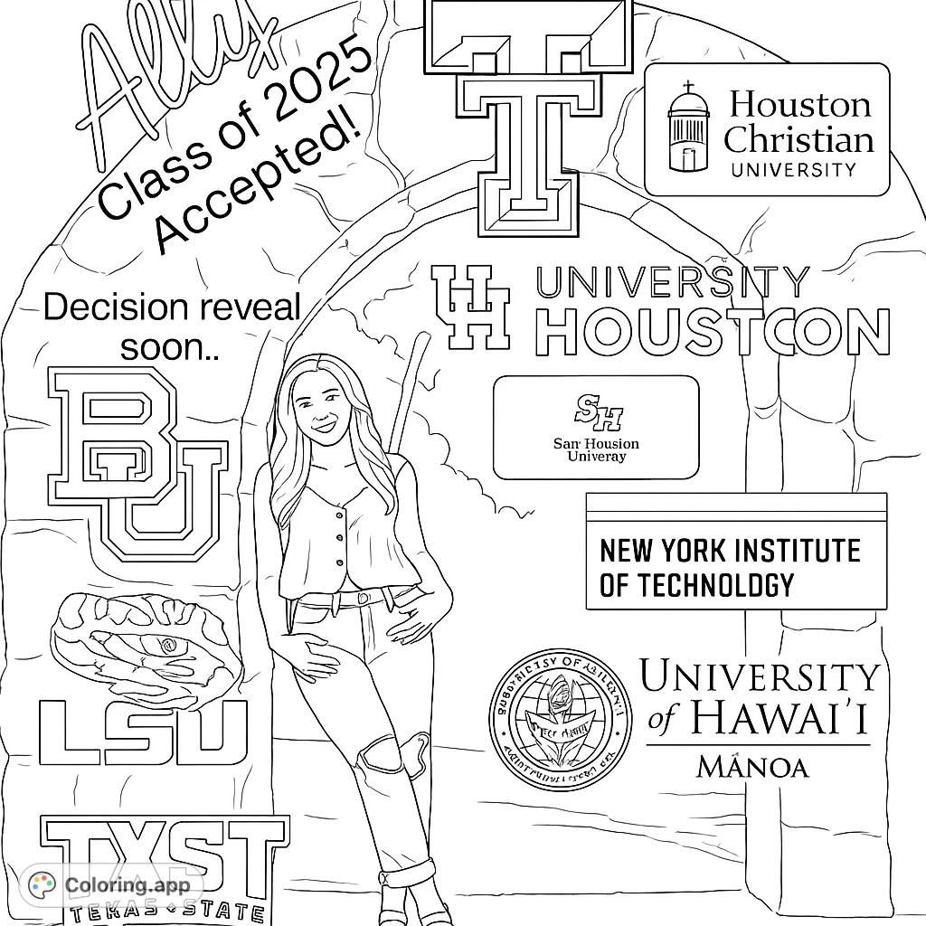 Celebrate academic success with a smiling graduate surrounded by university logos. A free printable college acceptance coloring page for future graduates.