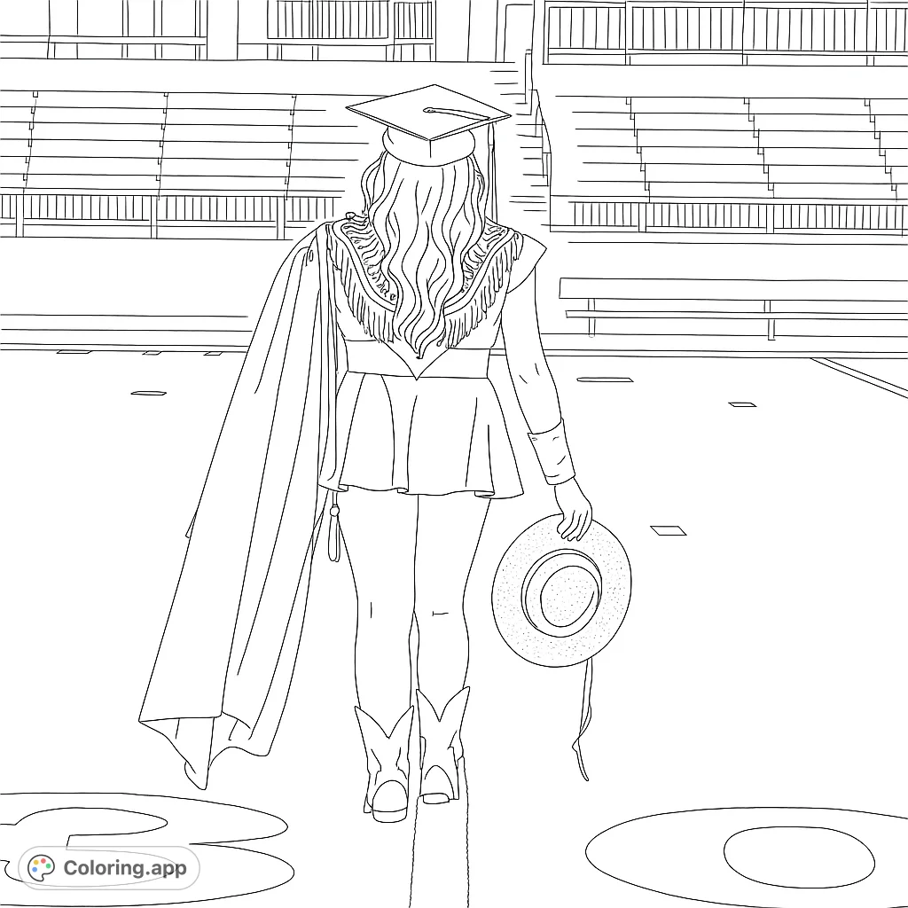A graduate in cap, fringed jacket, and cowboy boots walks across a stadium field, holding a cowboy hat. Perfect for graduation and country fans.