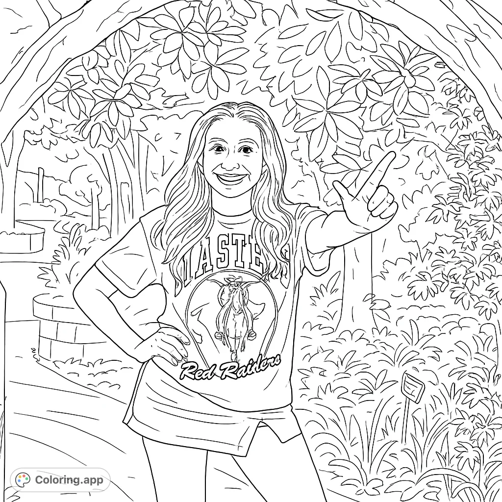 A cheerful student in a garden archway, wearing a school spirit shirt, perfect for celebrating academic pride and natural beauty.