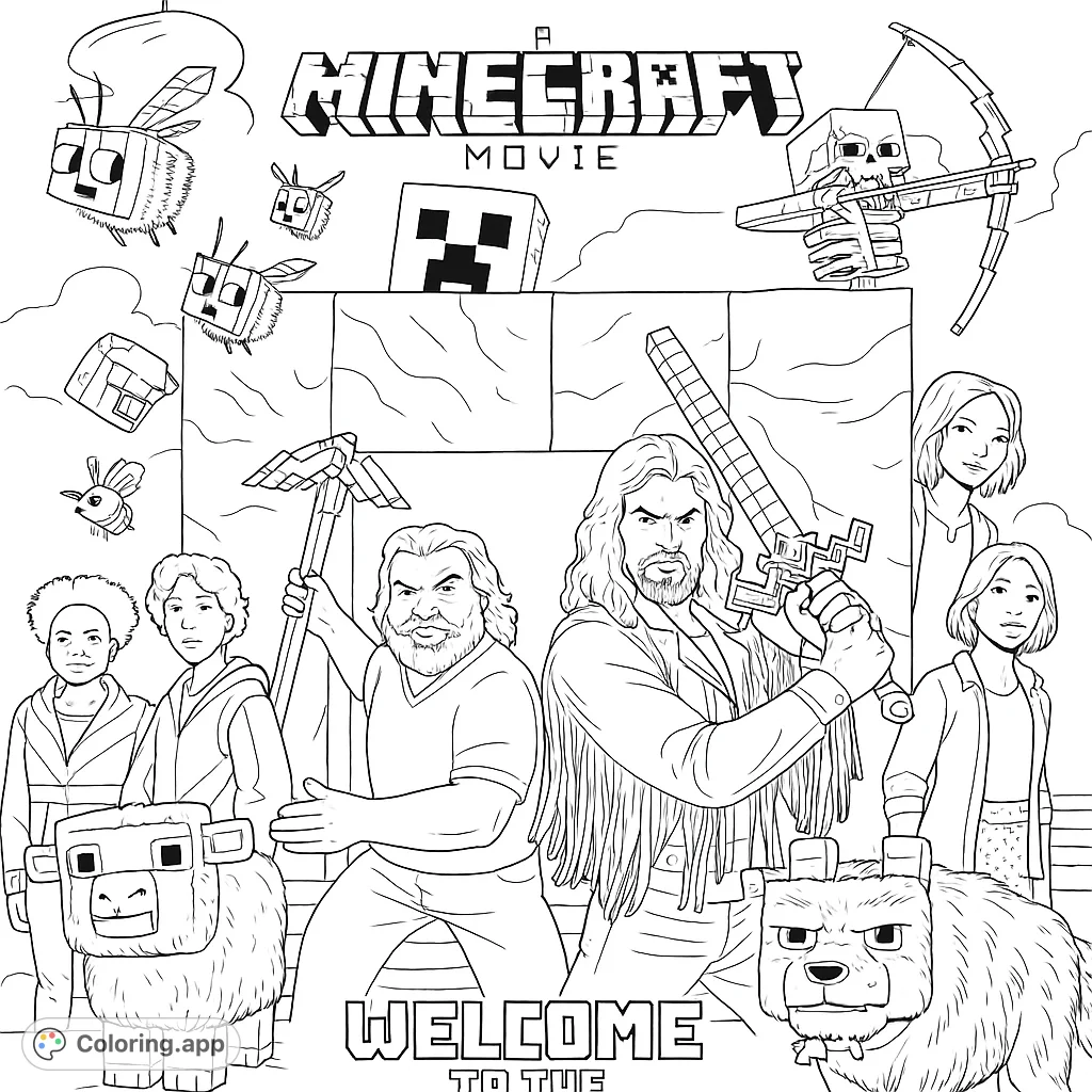 An epic Minecraft coloring page featuring brave heroes, iconic creatures like Creepers and bees, and blocky adventures. A free printable coloring page for fans!