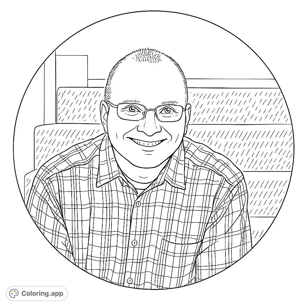 A friendly man in glasses and a plaid shirt smiles within a circular frame. Perfect for personalizing with vibrant colors and intricate details.