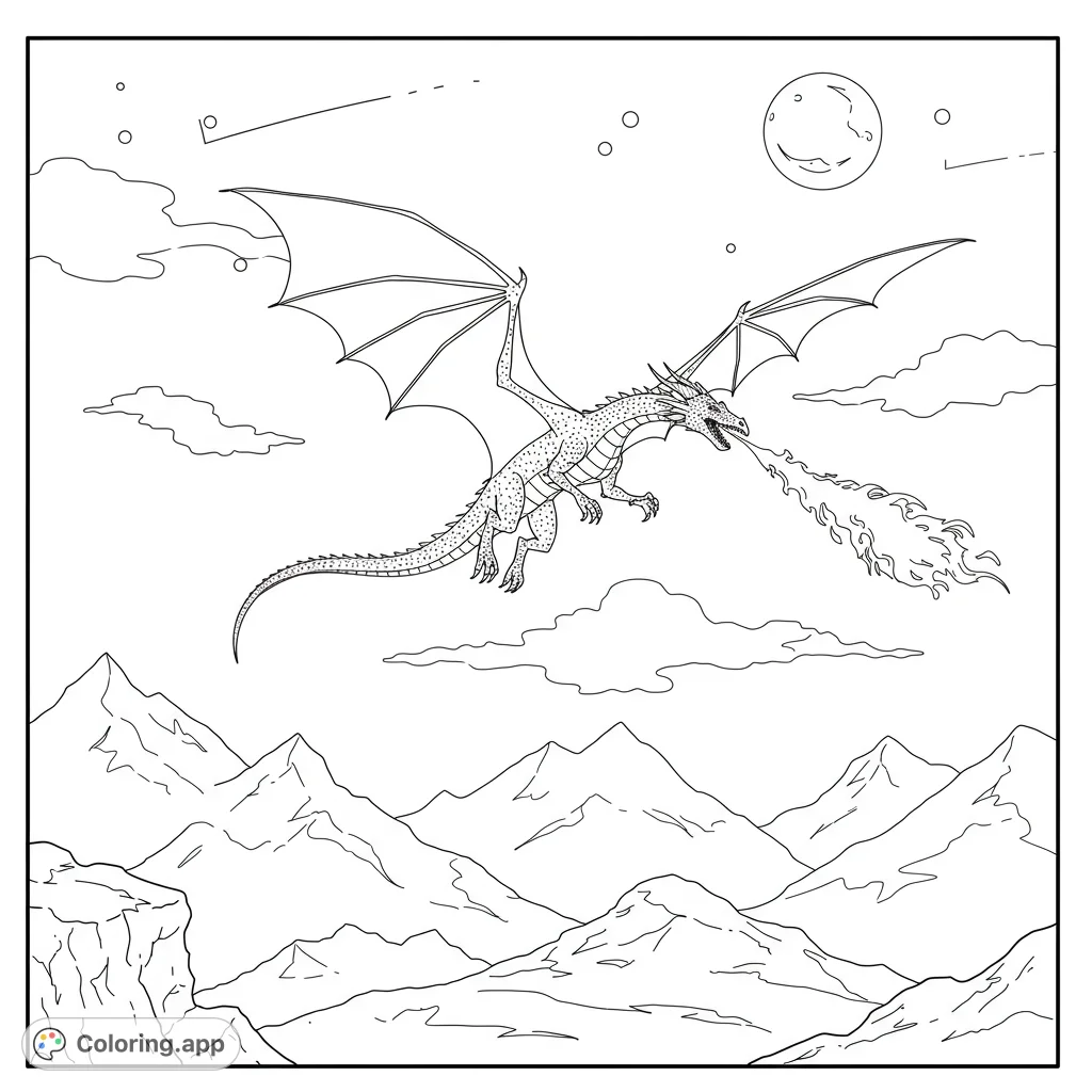 A majestic fire-breathing dragon soars above a rugged mountain range under a moonlit sky, perfect for an epic fantasy coloring adventure.