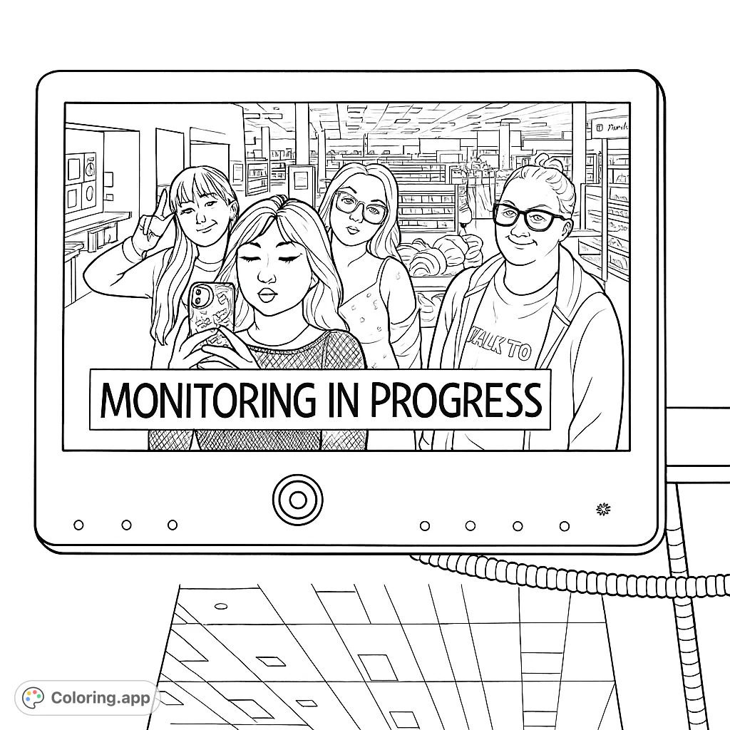 A digital screen displays four friends in a store setting. A modern tech-themed free printable coloring page for all ages.