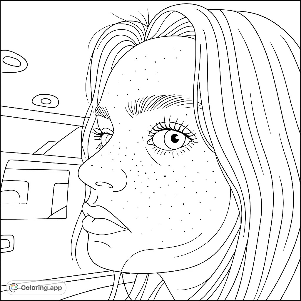 A captivating portrait coloring page featuring a young woman with expressive eyes and charming freckles, perfect for creative expression.