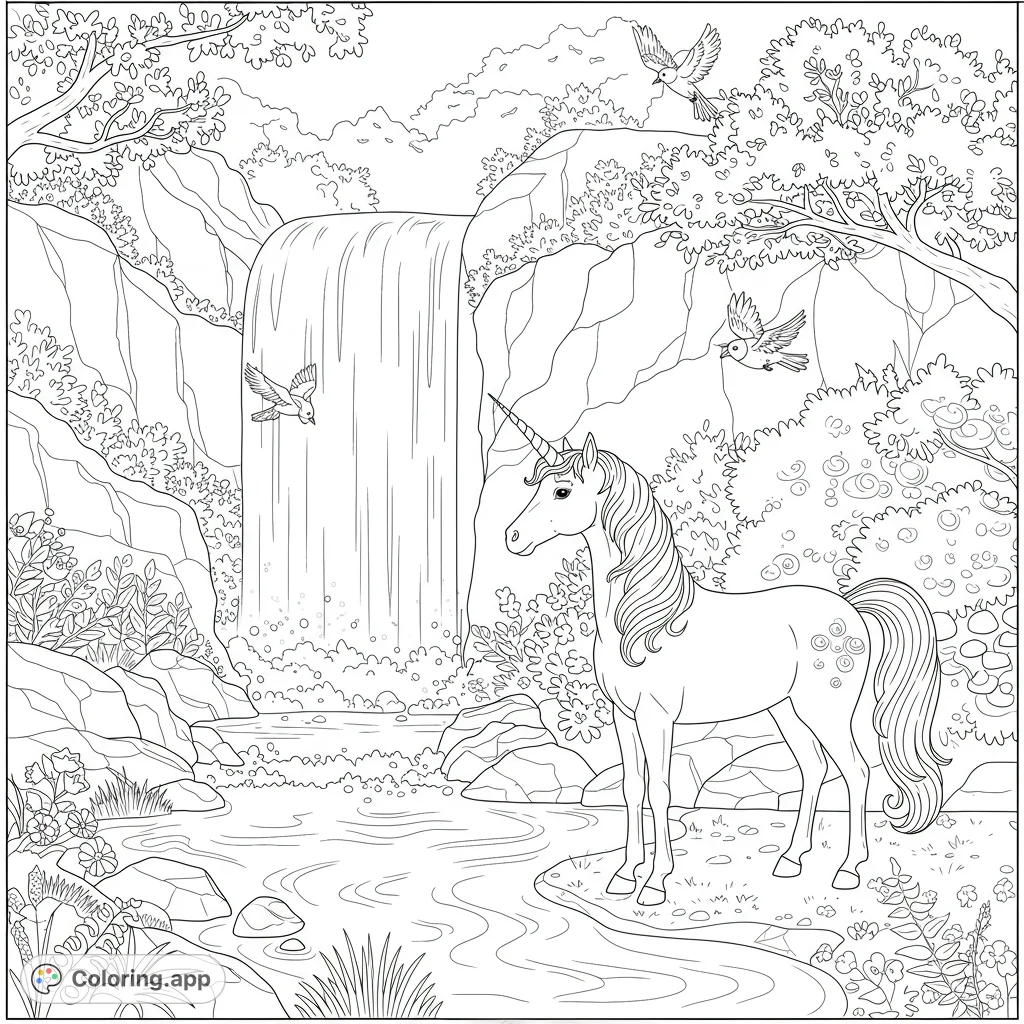 A majestic unicorn stands by a flowing waterfall in a magical forest, surrounded by lush foliage and birds. A beautiful fantasy scene for coloring.