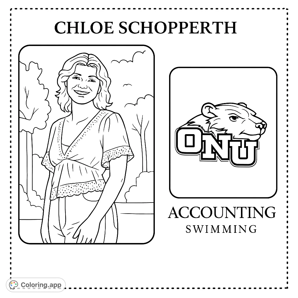 A vibrant free printable coloring page featuring a smiling young woman and a bold bear emblem, perfect for all ages and creative expression.