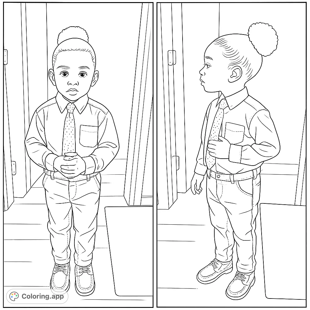 Adorable child in a dapper suit, presented in two charming poses for a delightful coloring experience. Perfect for young aspiring professionals.