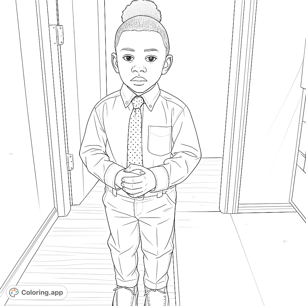 A dapper young boy in a shirt and polka dot tie stands formally in a hallway, ready for coloring. Perfect for kids and adults.
