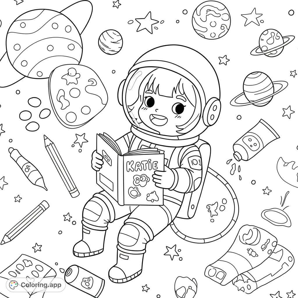 A delightful space adventure coloring page featuring a happy child astronaut reading a book amidst planets, stars, and floating school supplies. Perfect for young explorers!