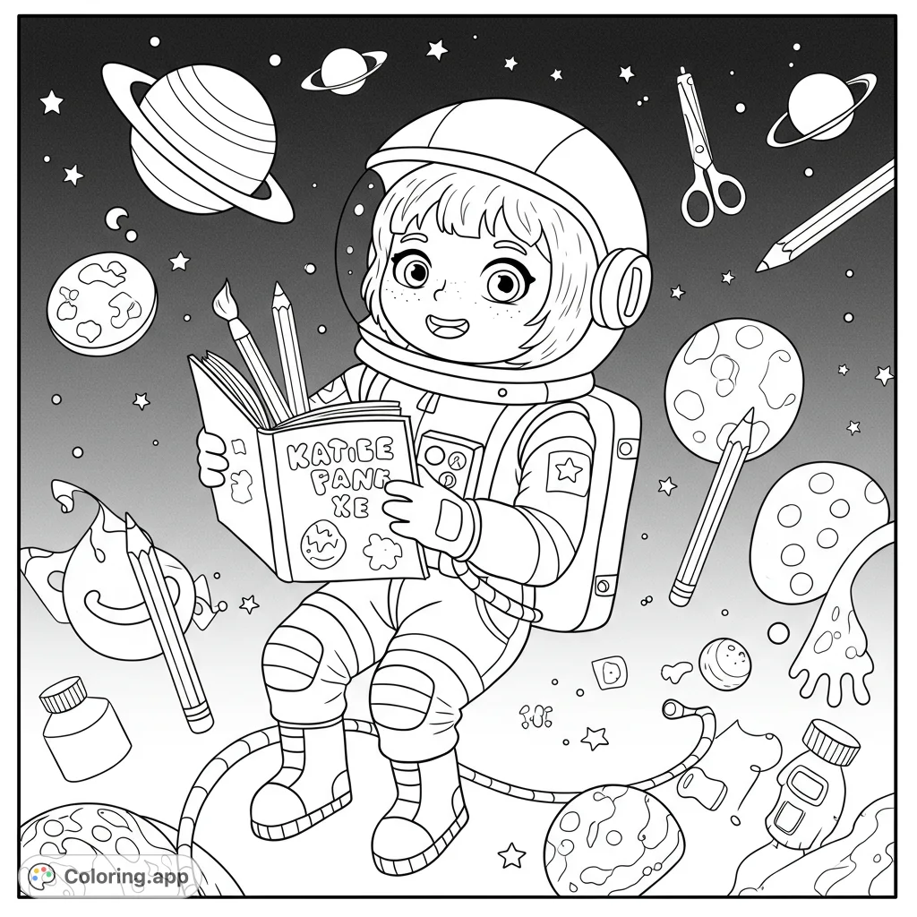 A cheerful child astronaut floats in space, engrossed in a book, surrounded by planets and art supplies. A fun, free printable space adventure coloring page.