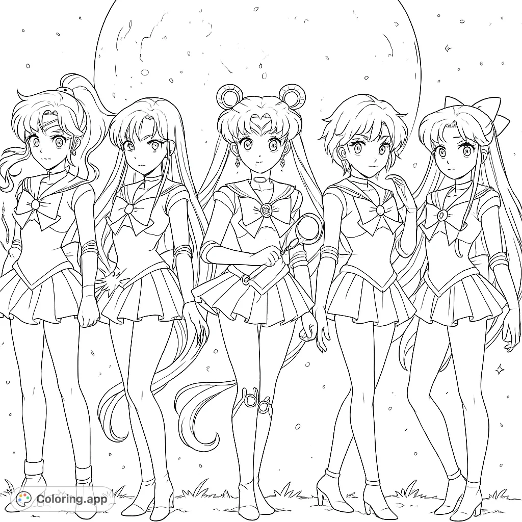 Unite with five iconic magical girl characters in this free printable celestial sailor guardians coloring page. Perfect for anime fans of all ages!