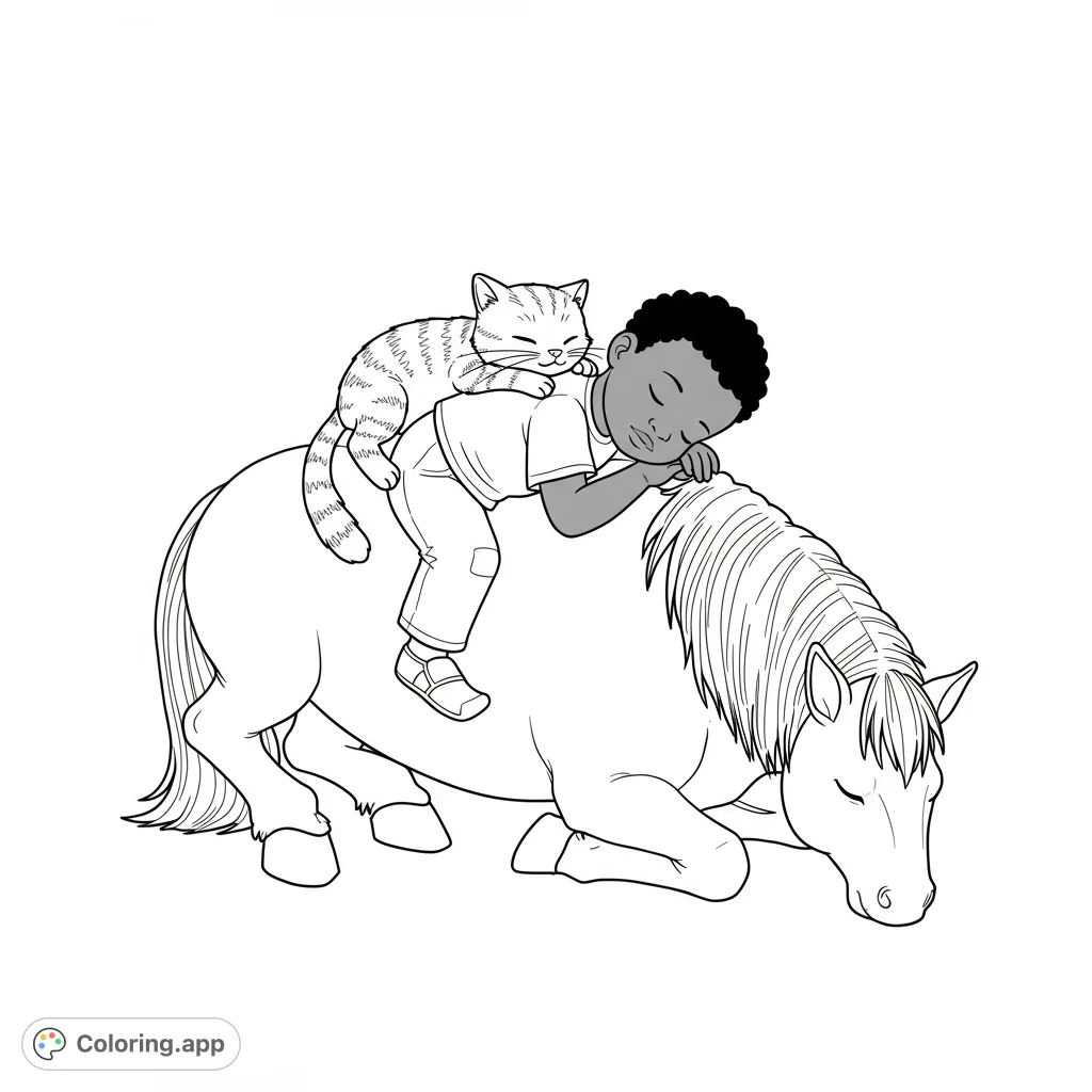 A heartwarming animal friendship coloring page featuring a boy, cat, and horse peacefully sleeping together. Perfect for quiet moments.