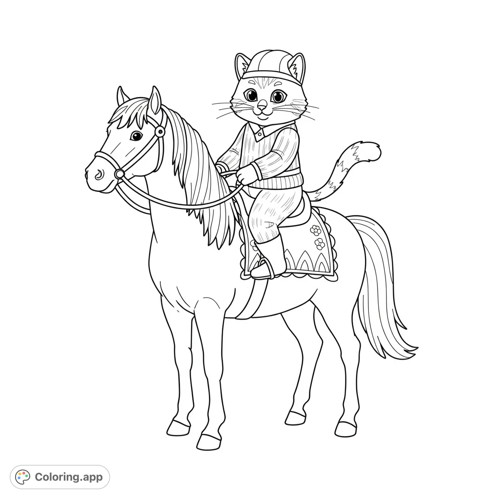 A delightful cat in riding gear on a majestic horse. Perfect for a fun, free printable animal coloring page for kids and adults.