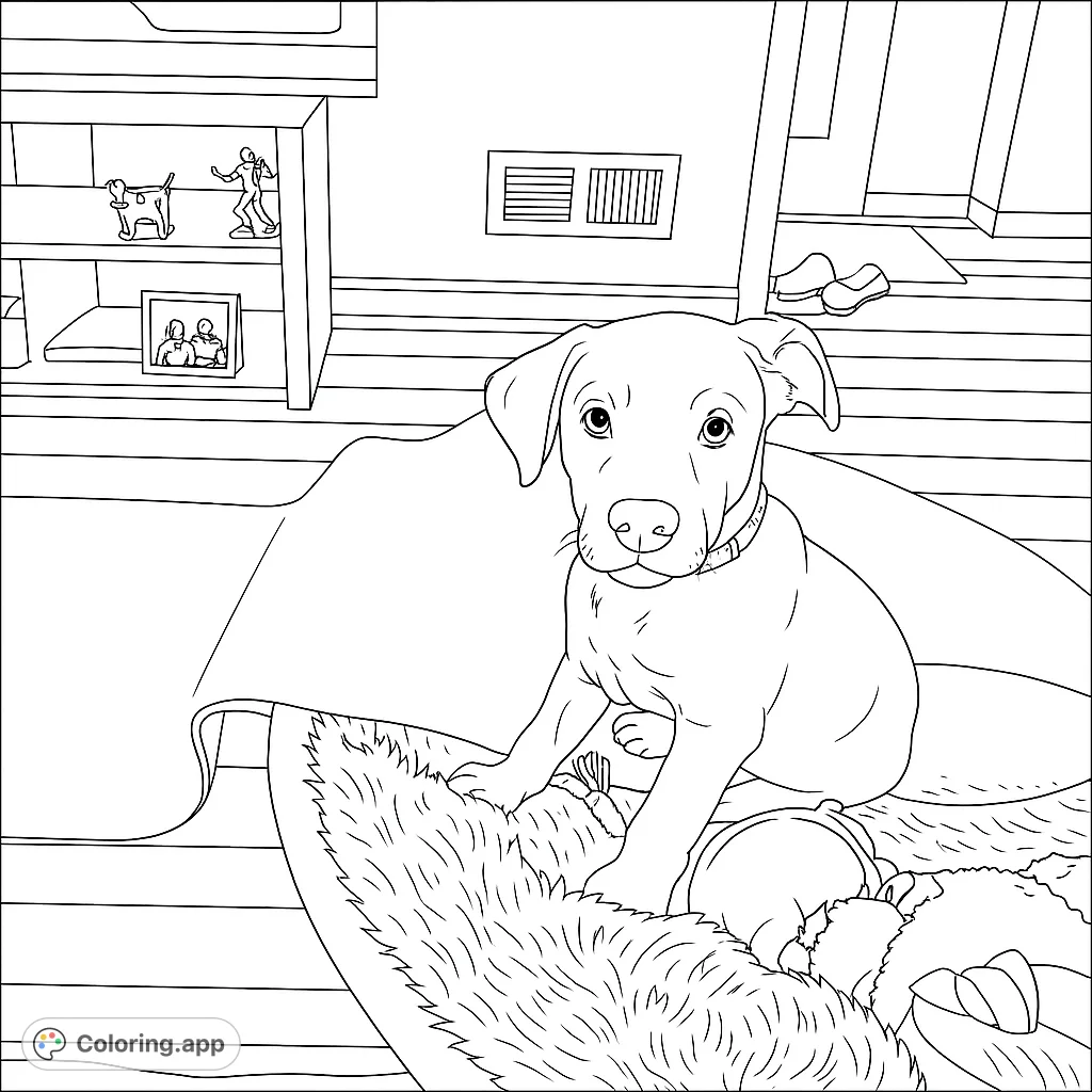 An adorable puppy sits cozily in its fluffy bed, surrounded by home comforts. A charming free printable puppy coloring page for all ages.